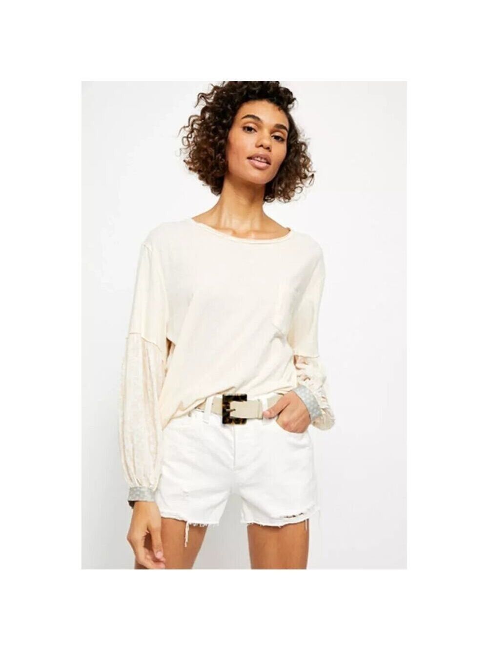 Free People We The Free Boho Long Balloon Sleeve Top Ecru Oversized M $88